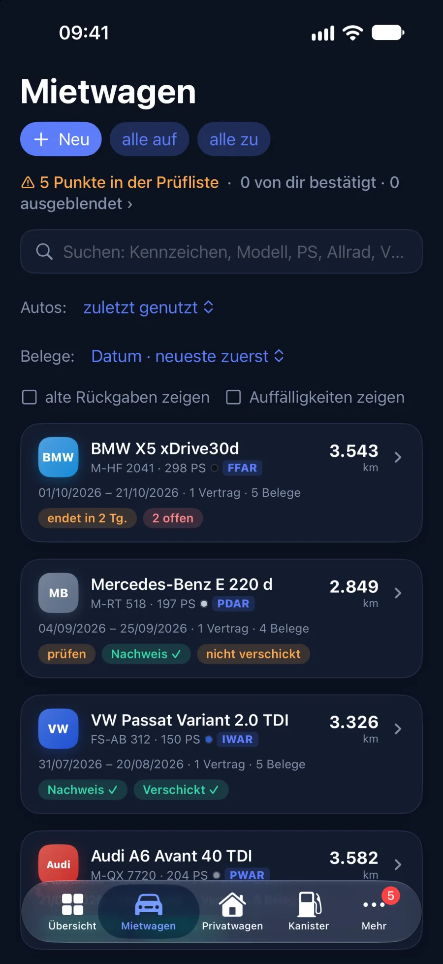 Liste der Mietwagen mit Zeiträumen und Kilometern