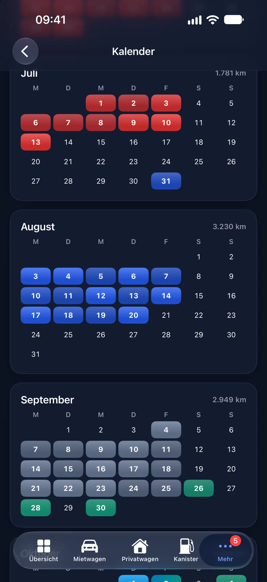 Jahreskalender in den Farben der Autos